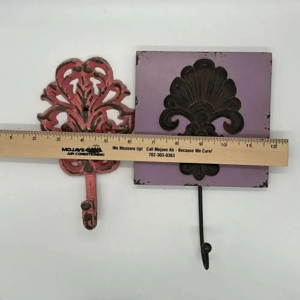 Two Fleur-de-lis Wrought Iron and Wood Wall Hooks